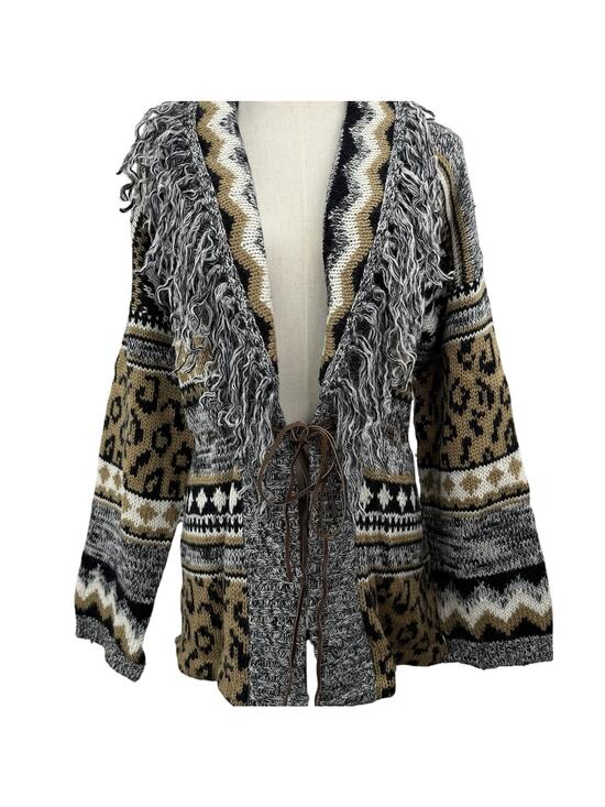 Together Sweaters - Vintage 80s Together Cardigan Sweater Medium Leopard Print Fringe Chunky Knit